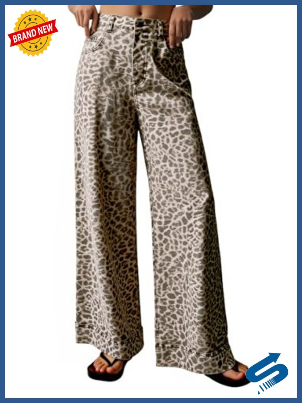 Womens Floral Baggy Wide Leg High Waisted Cotton Blend Denim Jeans